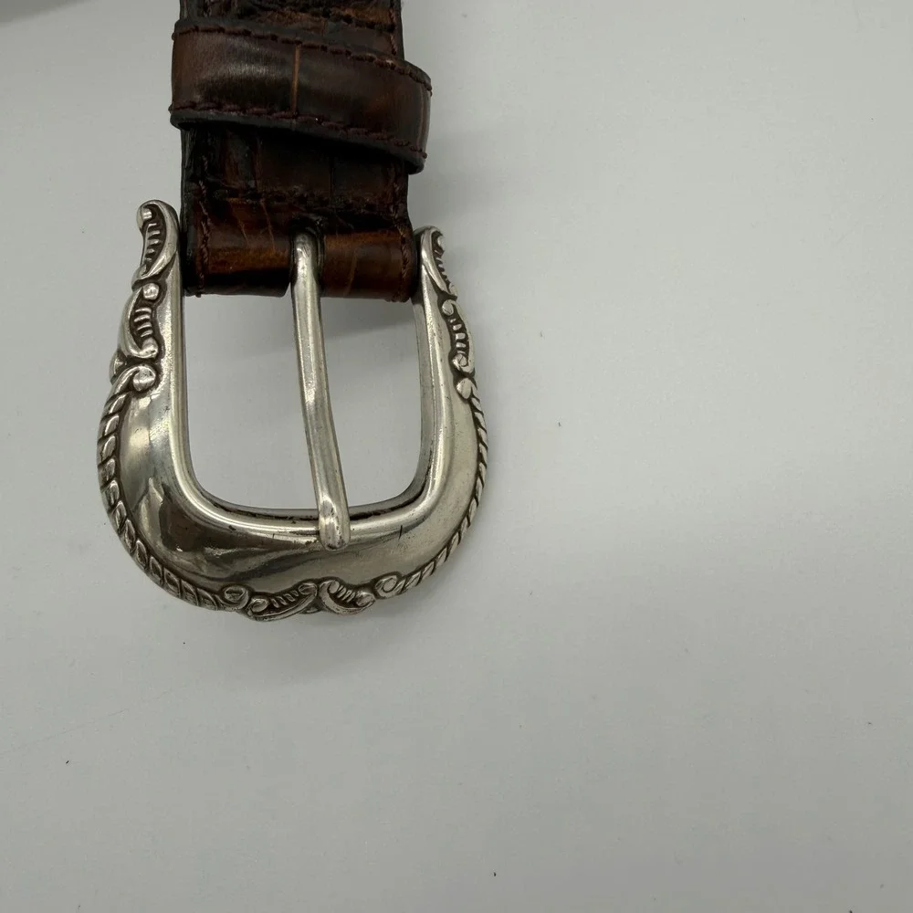 Fossil Brown Croco Embossed Leather Western Belt Silver Ornate Buckle Large